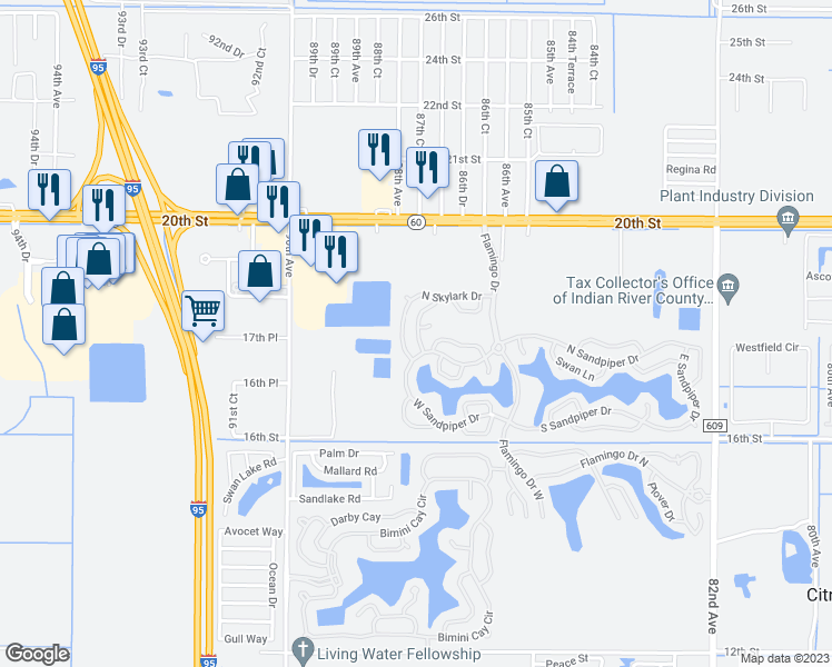 map of restaurants, bars, coffee shops, grocery stores, and more near 616 West Skylark Drive in Vero Beach