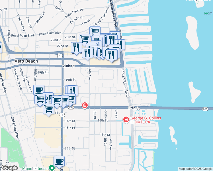 map of restaurants, bars, coffee shops, grocery stores, and more near 400 18th Street in Vero Beach