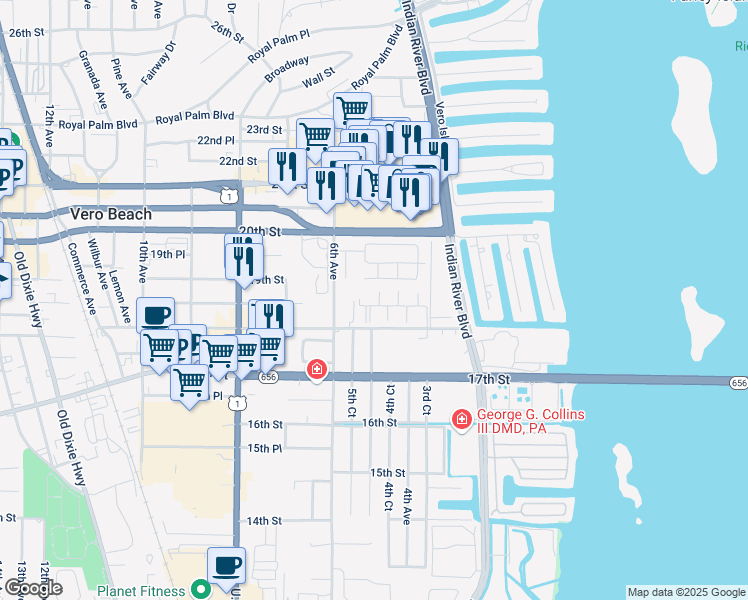 map of restaurants, bars, coffee shops, grocery stores, and more near 505 19th Lane in Vero Beach