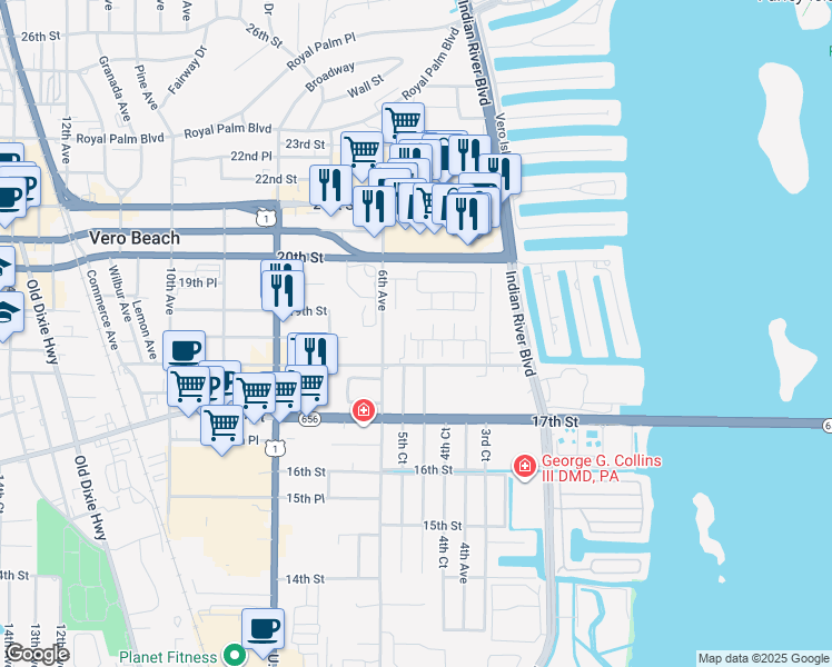 map of restaurants, bars, coffee shops, grocery stores, and more near 505 19th Lane in Vero Beach