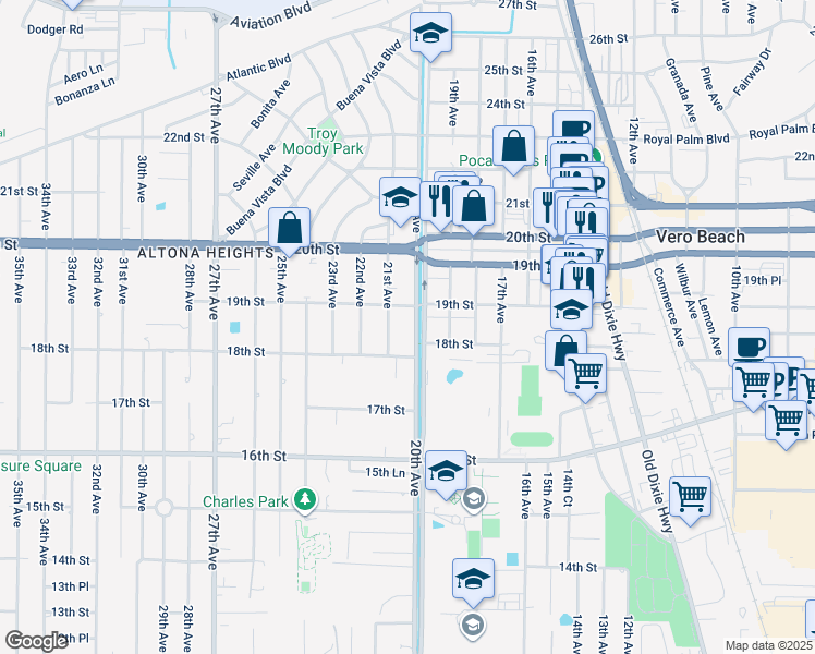 map of restaurants, bars, coffee shops, grocery stores, and more near 1867 20th Avenue in Vero Beach
