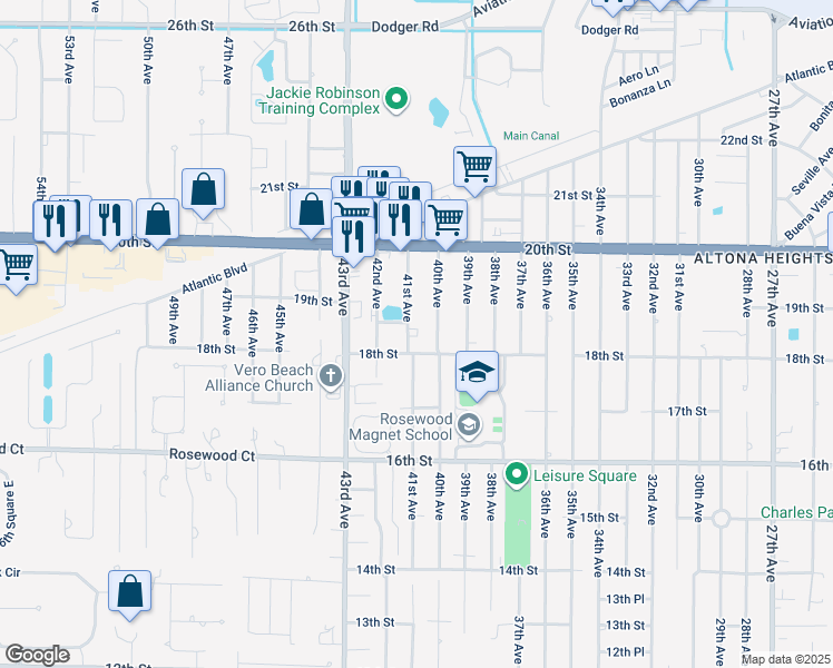 map of restaurants, bars, coffee shops, grocery stores, and more near 1865 40th Avenue in Vero Beach