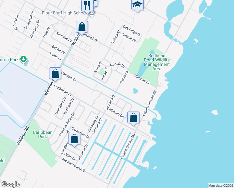 map of restaurants, bars, coffee shops, grocery stores, and more near 2853 Debra Lane in Corpus Christi