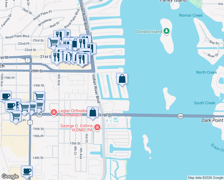 map of restaurants, bars, coffee shops, grocery stores, and more near 1845 Cobia Drive in Vero Beach