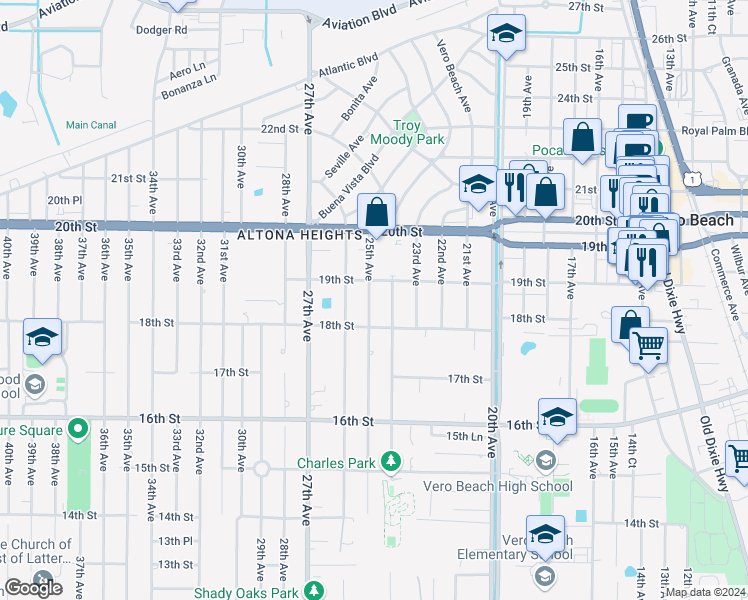 map of restaurants, bars, coffee shops, grocery stores, and more near 1834 25th Avenue in Vero Beach