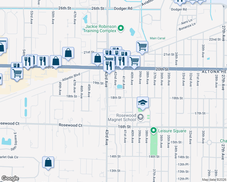map of restaurants, bars, coffee shops, grocery stores, and more near 1850 43rd Avenue in Vero Beach