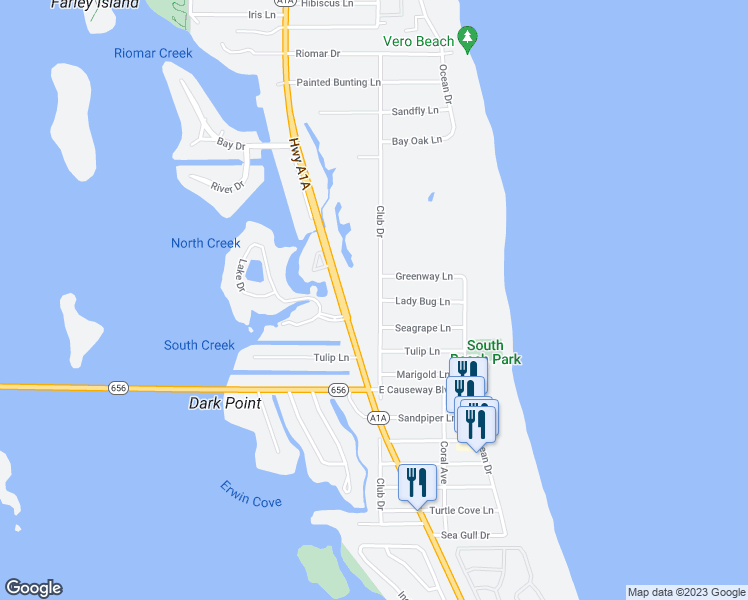 map of restaurants, bars, coffee shops, grocery stores, and more near 1901 Club Drive in Vero Beach