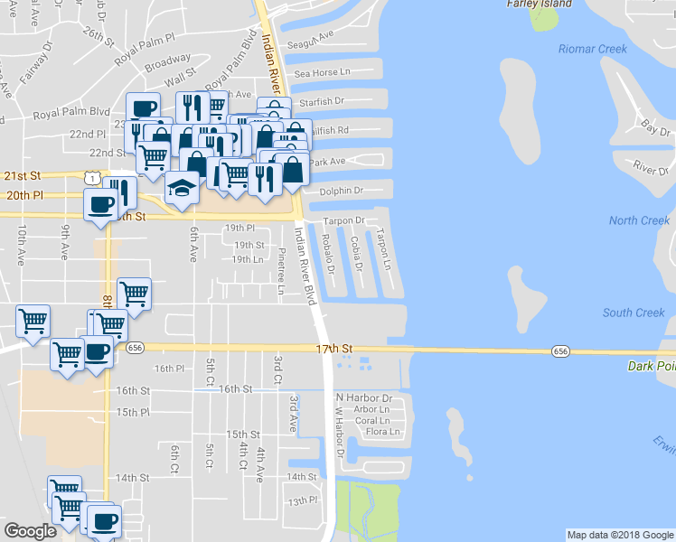 map of restaurants, bars, coffee shops, grocery stores, and more near 1873 Robalo Drive in Vero Beach