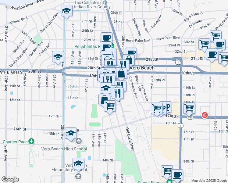 map of restaurants, bars, coffee shops, grocery stores, and more near 1889 Old Dixie Highway in Vero Beach