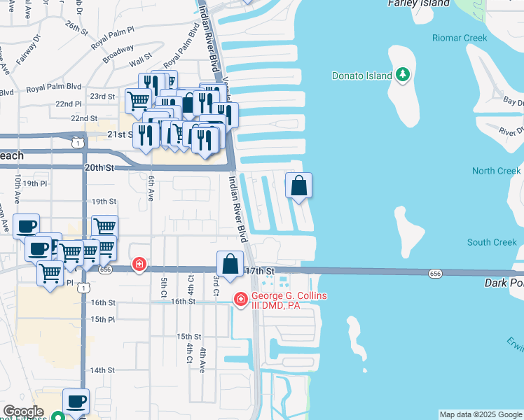 map of restaurants, bars, coffee shops, grocery stores, and more near 1873 Robalo Drive in Vero Beach