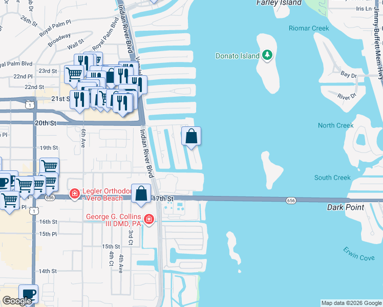 map of restaurants, bars, coffee shops, grocery stores, and more near 1820 Tarpon Lane in Vero Beach