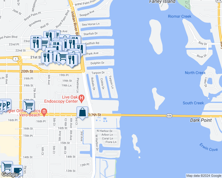 map of restaurants, bars, coffee shops, grocery stores, and more near 1820 Tarpon Lane in Vero Beach