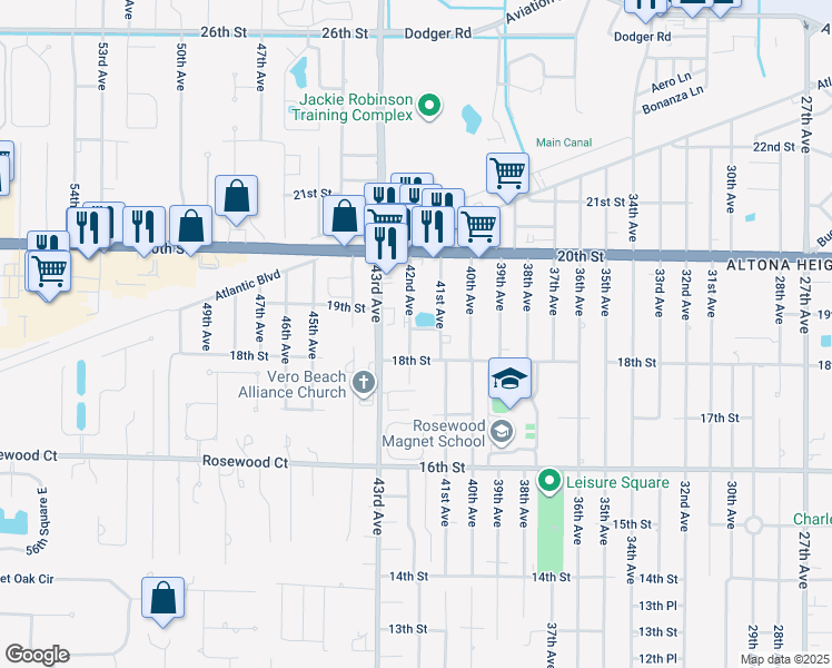 map of restaurants, bars, coffee shops, grocery stores, and more near 4117 18th Place in Vero Beach