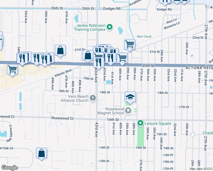 map of restaurants, bars, coffee shops, grocery stores, and more near 4121 18th Place in Vero Beach