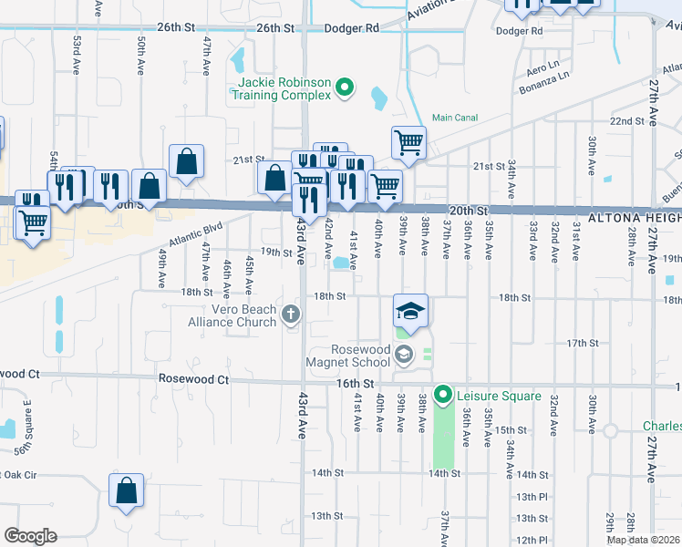 map of restaurants, bars, coffee shops, grocery stores, and more near 4117 18th Place in Vero Beach