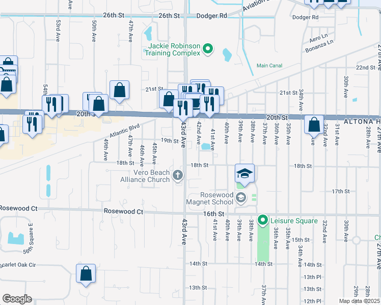 map of restaurants, bars, coffee shops, grocery stores, and more near 1850 43rd Avenue in Vero Beach