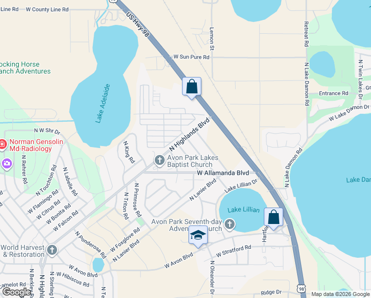 map of restaurants, bars, coffee shops, grocery stores, and more near 2682 North Mulberry Road in Avon Park