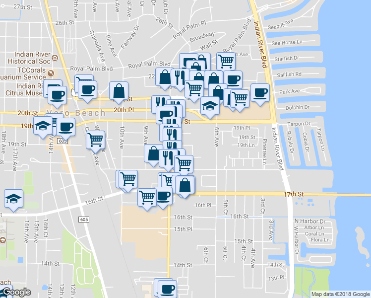 map of restaurants, bars, coffee shops, grocery stores, and more near 725 19th Street in Vero Beach