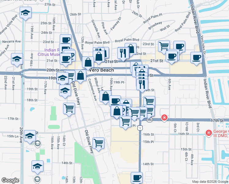 map of restaurants, bars, coffee shops, grocery stores, and more near 939 19th Place in Vero Beach