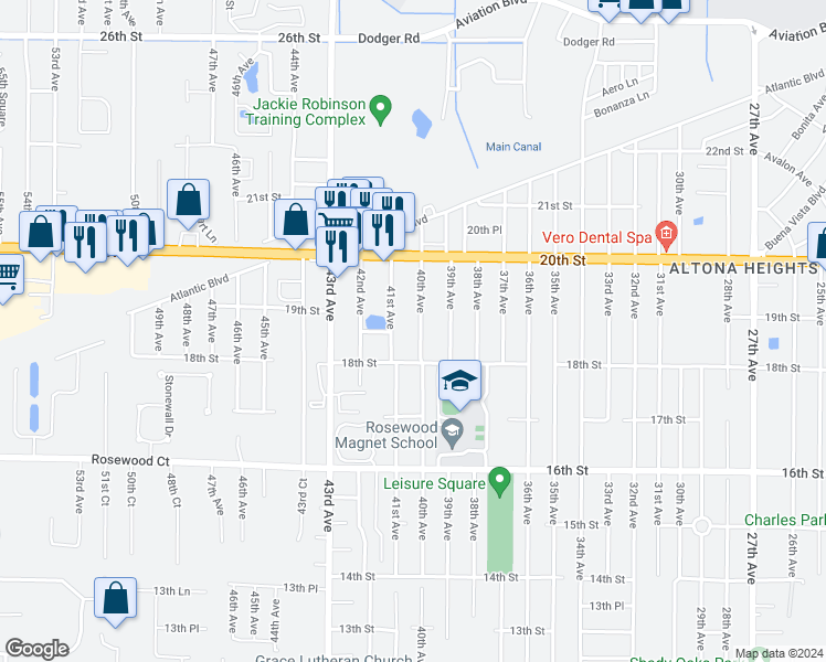 map of restaurants, bars, coffee shops, grocery stores, and more near 1865 40th Avenue in Vero Beach