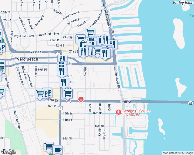 map of restaurants, bars, coffee shops, grocery stores, and more near 475 19th Lane in Vero Beach
