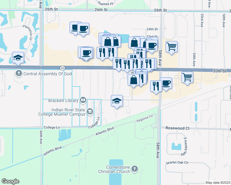 map of restaurants, bars, coffee shops, grocery stores, and more near 1846 Sixty Oaks Lane in Vero Beach