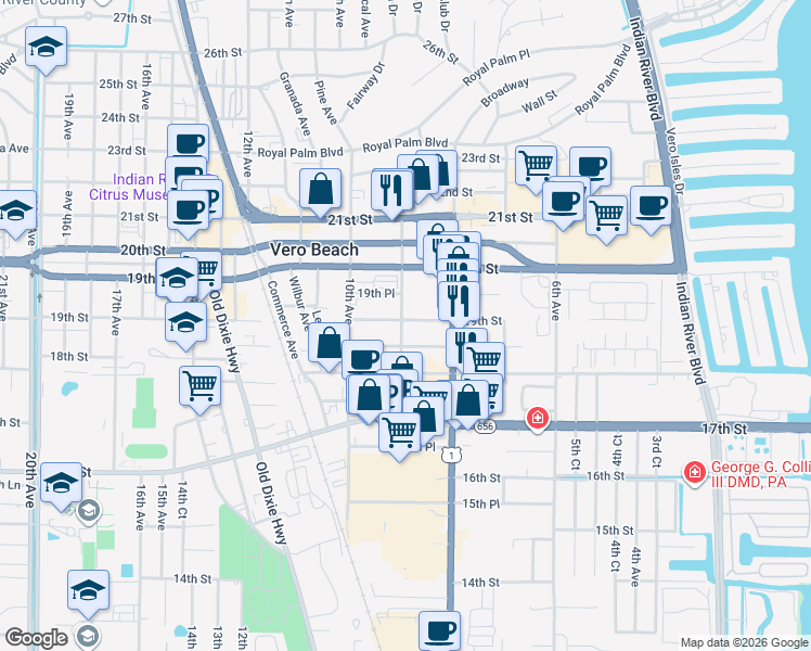 map of restaurants, bars, coffee shops, grocery stores, and more near 857 19th Street in Vero Beach