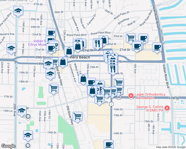 map of restaurants, bars, coffee shops, grocery stores, and more near 939 19th Place in Vero Beach