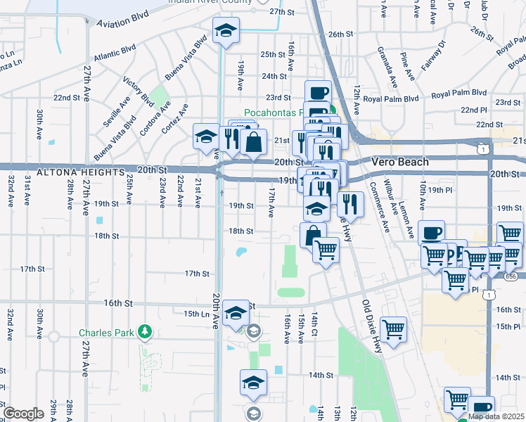map of restaurants, bars, coffee shops, grocery stores, and more near 1725 19th Street in Vero Beach