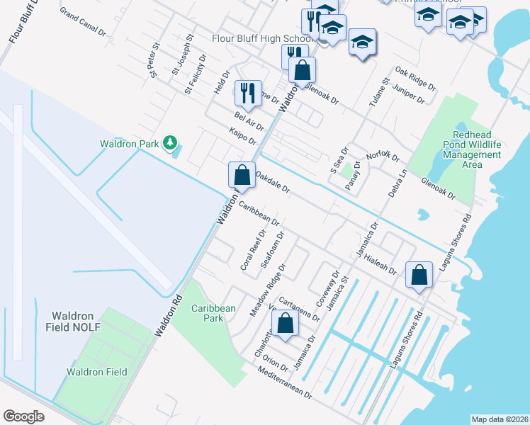 map of restaurants, bars, coffee shops, grocery stores, and more near 3017 Eikel Place in Corpus Christi