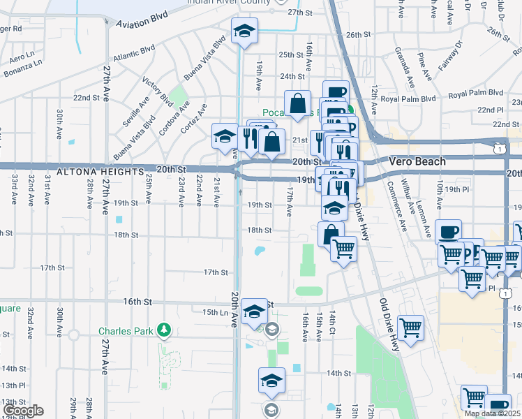 map of restaurants, bars, coffee shops, grocery stores, and more near 1886 19th Avenue in Vero Beach