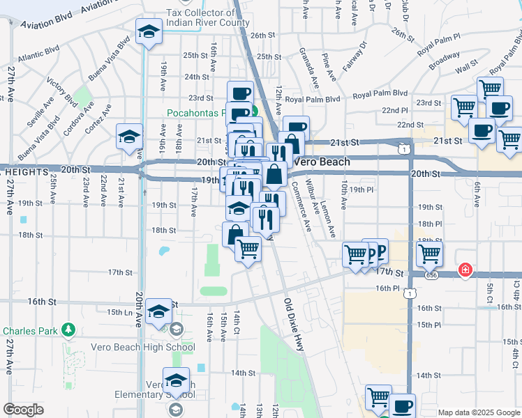 map of restaurants, bars, coffee shops, grocery stores, and more near 1889 Old Dixie Highway in Vero Beach