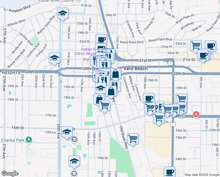 map of restaurants, bars, coffee shops, grocery stores, and more near 1889 Old Dixie Highway in Vero Beach