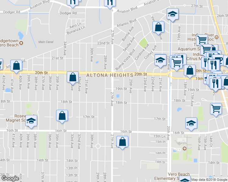 map of restaurants, bars, coffee shops, grocery stores, and more near 1844 27th Avenue in Vero Beach