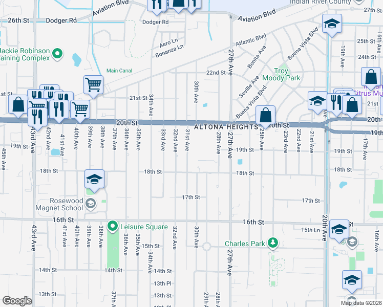 map of restaurants, bars, coffee shops, grocery stores, and more near 1866 31st Avenue in Vero Beach