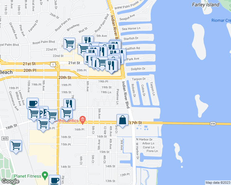 map of restaurants, bars, coffee shops, grocery stores, and more near 1902 4th Avenue in Vero Beach
