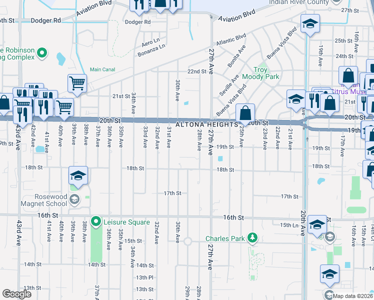 map of restaurants, bars, coffee shops, grocery stores, and more near 1866 31st Avenue in Vero Beach