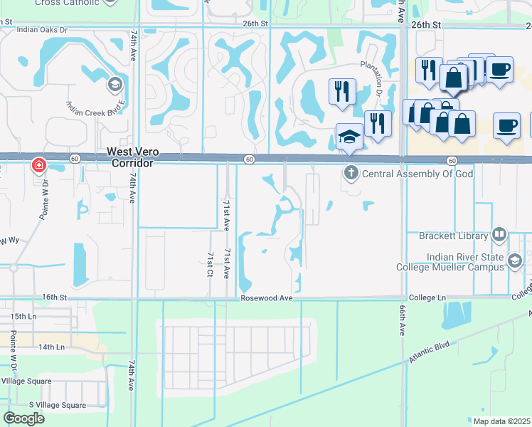 map of restaurants, bars, coffee shops, grocery stores, and more near 1925 Westminster Circle in Vero Beach