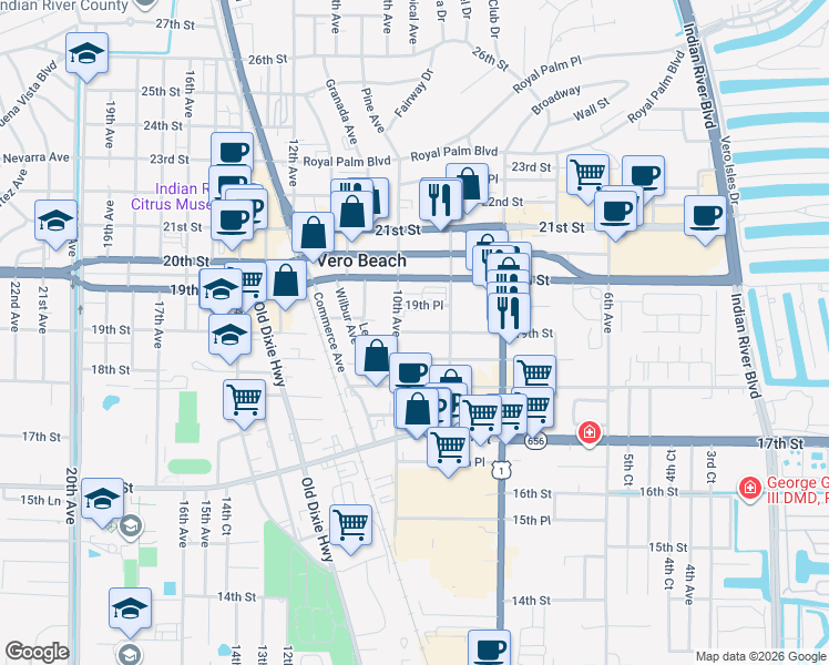 map of restaurants, bars, coffee shops, grocery stores, and more near 939 19th Place in Vero Beach