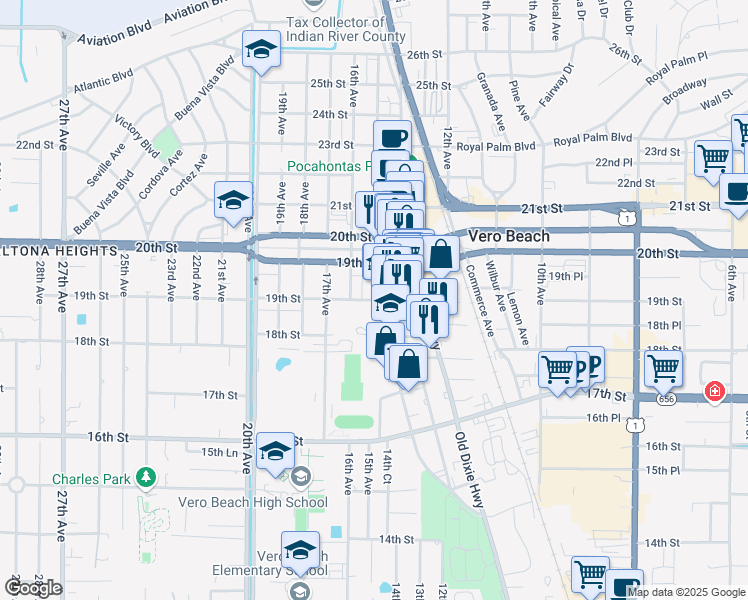 map of restaurants, bars, coffee shops, grocery stores, and more near 445 24th Street in Vero Beach
