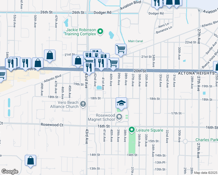 map of restaurants, bars, coffee shops, grocery stores, and more near 1865 40th Avenue in Vero Beach