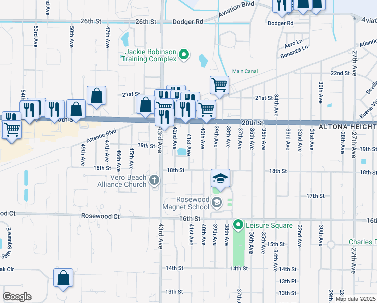 map of restaurants, bars, coffee shops, grocery stores, and more near 4117 18th Place in Vero Beach