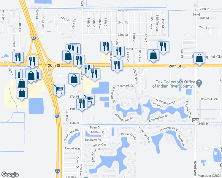 map of restaurants, bars, coffee shops, grocery stores, and more near 616 West Skylark Drive in Vero Beach