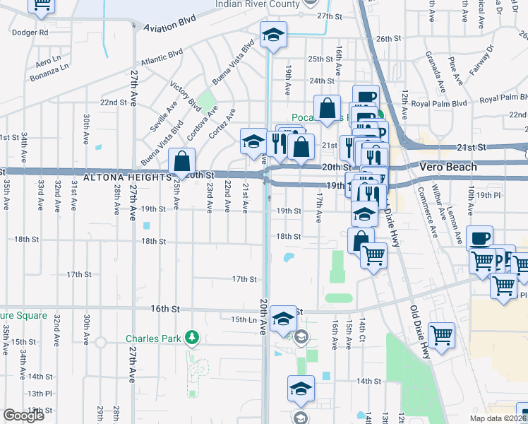 map of restaurants, bars, coffee shops, grocery stores, and more near 2001 19th Street in Vero Beach
