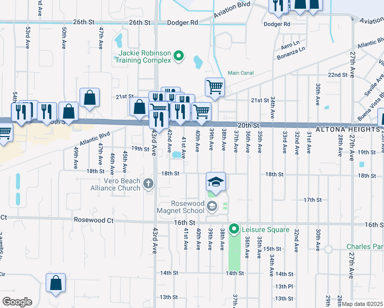 map of restaurants, bars, coffee shops, grocery stores, and more near 1865 40th Avenue in Vero Beach