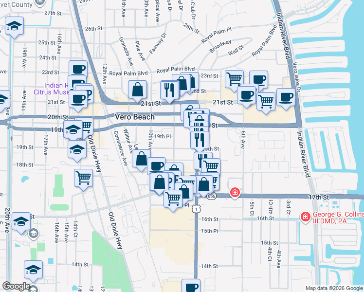 map of restaurants, bars, coffee shops, grocery stores, and more near 857 19th Street in Vero Beach
