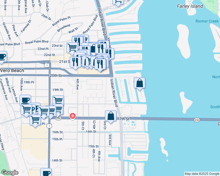 map of restaurants, bars, coffee shops, grocery stores, and more near 1801 Indian River Boulevard in Vero Beach