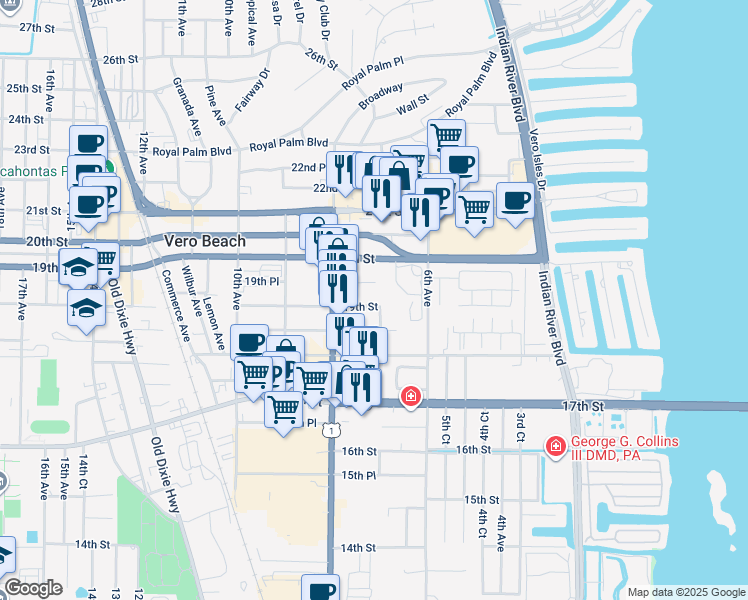 map of restaurants, bars, coffee shops, grocery stores, and more near 725 19th Street in Vero Beach
