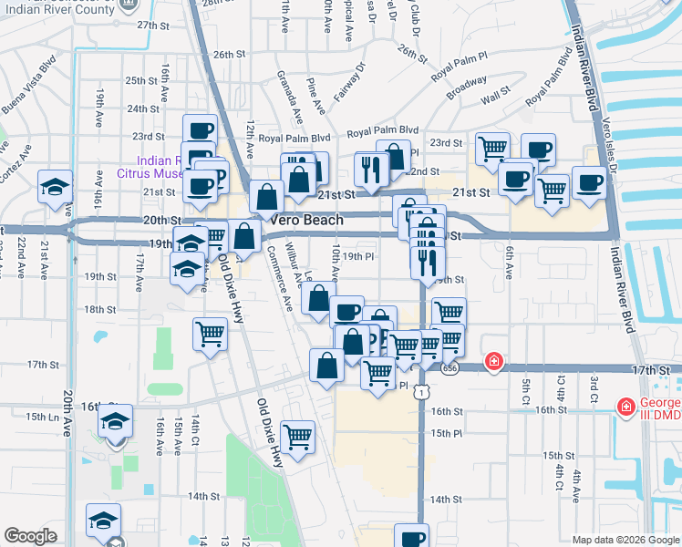 map of restaurants, bars, coffee shops, grocery stores, and more near 939 19th Place in Vero Beach