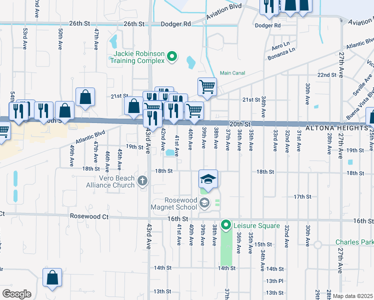 map of restaurants, bars, coffee shops, grocery stores, and more near 1865 40th Avenue in Vero Beach